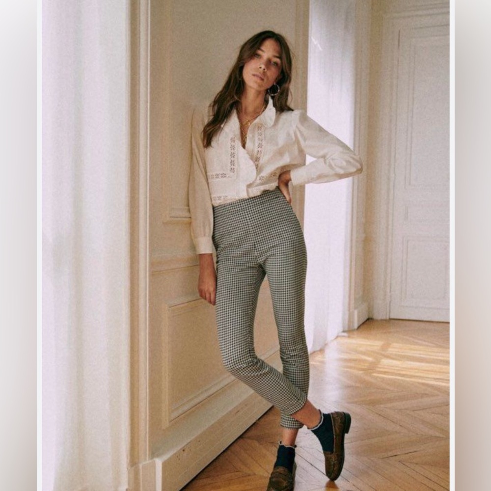 Sezane Clara Pants Blue White Houndstooth Pants Office Pants New without Tags